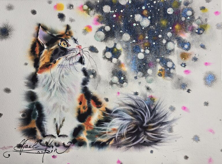 Calico Cat & Galaxy – watercolour by Yael Natali Sonkin