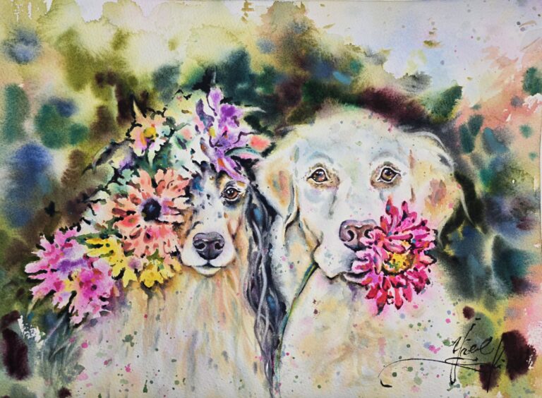 Dogs & Flowers – watercolour by Yael Natali Sonkin