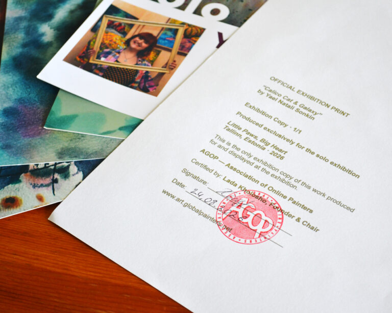 Official AGOP exhibition print documentation for Calico Cat & Galaxy, signed and stamped