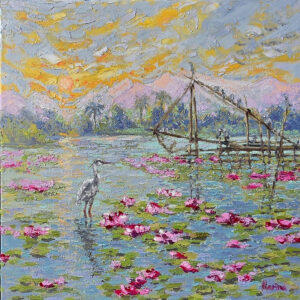 Heron in Water Lily Pond with Fishing Nets at Sunrise
