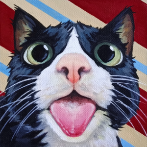 Meowdness by Marharyta Soberzhanska, a black-and-white cat with green eyes and a pink tongue against red, cream and blue diagonal stripes