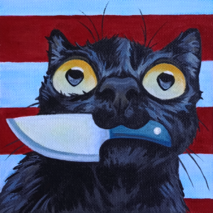 Here’s Kitty! by Marharyta Soberzhanska, a black cat with yellow eyes holding a knife against horizontal red and pale blue stripes
