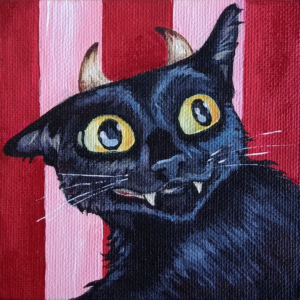 Lucifurrr by Marharyta Soberzhanska, a black cat with yellow eyes, small horns and a white fang against vertical red and pink stripes