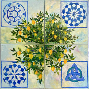 Four-panel composition of lemon branches and blue geometric motifs by Galina Orlova.