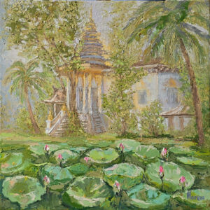 Temple with Lotus Pond and Palm Trees