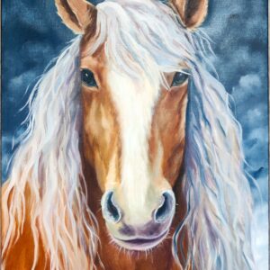White horse with a flowing pale mane against a blue background in Silence of the Wind by Tamila Shevchuk.