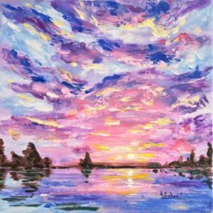 Pink and violet evening sky reflected in water in A Quiet Evening by Liudmyla Venher.