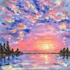 Golden sunset over water with pink and blue clouds in The Farewell of the Sun by Liudmyla Venher.