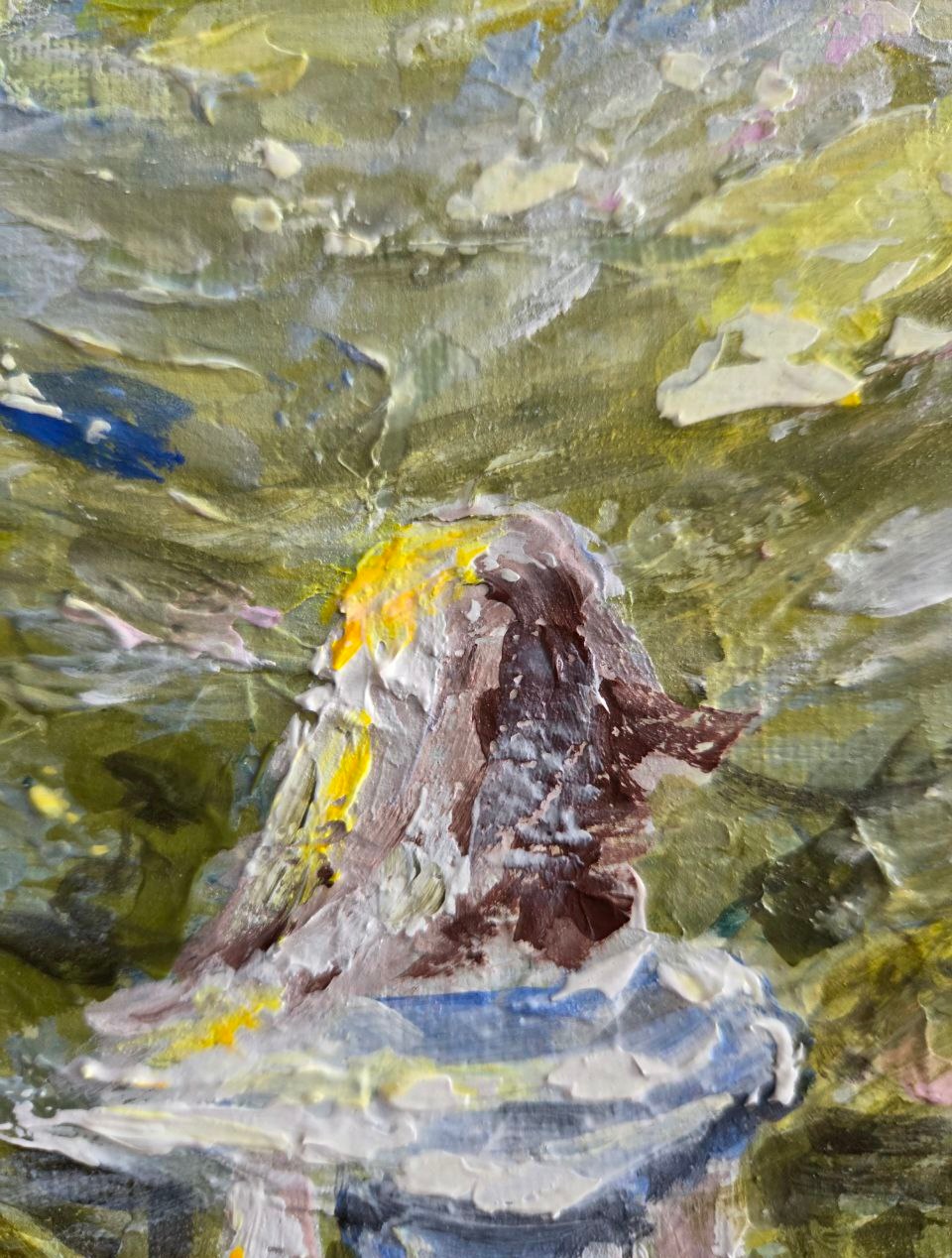 Close-up of the figure's head and the thick impasto brushwork among the greenery in Whisper of the Mountains by Liudmyla Venher.
