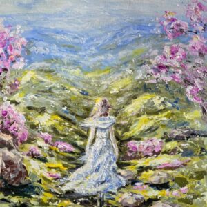 Figure in a pale dress among pink flowers with mountains beyond in Whisper of the Mountains by Liudmyla Venher.