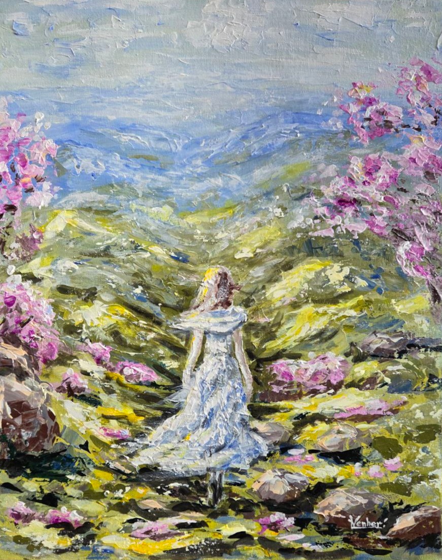 Figure in a pale dress among pink flowers with mountains beyond in Whisper of the Mountains by Liudmyla Venher.