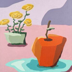 Red apple on a turquoise plate beside yellow flowers in The Best I Could Bring by Alena Masyutina.