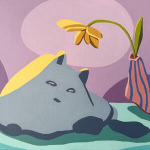 Resting cat in a yellow patch of light beside a striped flower vase in Sunny Spot by Alena Masyutina.
