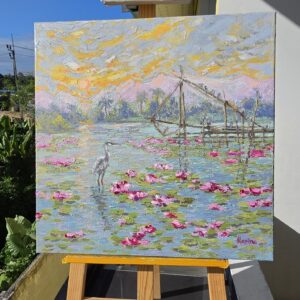 Water lily pond and fishing nets beneath a bright sky in Marina Fisher's oil painting.