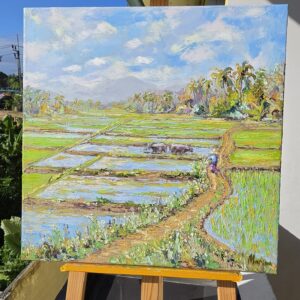 Green rice fields, water buffalo and a figure in a textured oil landscape by Marina Fisher.