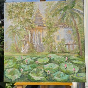 Lotus pond, palm trees and temple in Marina Fisher's textured oil painting.