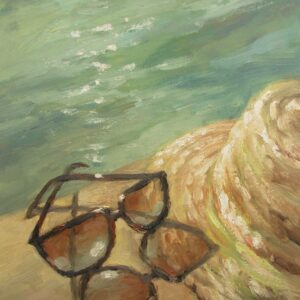 Sunglasses and a straw hat beside green-blue water in Summer Accessories by Elena Ivanova-Batacharia.