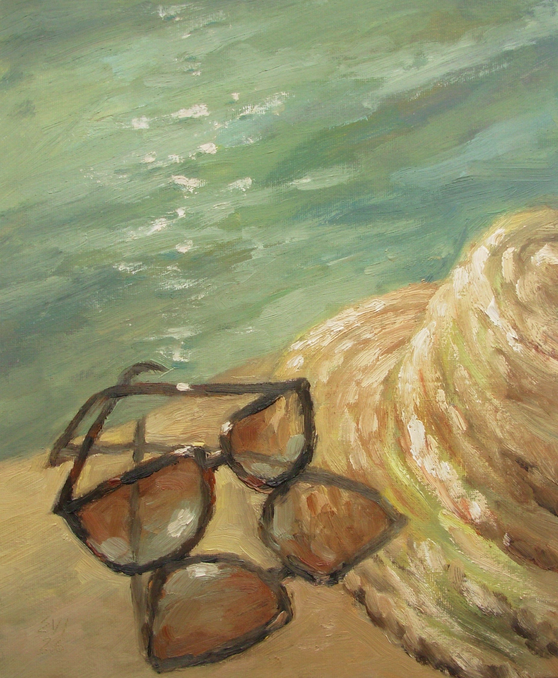 Sunglasses and a straw hat beside green-blue water in Summer Accessories by Elena Ivanova-Batacharia.