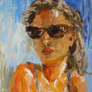 Woman wearing sunglasses and a blue top in an oil portrait by Elena Ivanova-Batacharia.