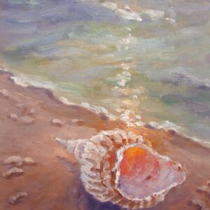 Pink seashell on wet sand beside shallow waves in Sea Shell on the Beach by Elena Ivanova-Batacharia.