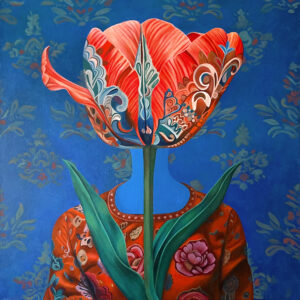 Ornately patterned red tulip and vase on a deep blue background in Glowing Tulip by Ganna Alyousif.