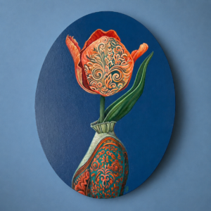 Patterned orange tulip and vase on an oval blue canvas in A Bloom with a Secret by Ganna Alyousif.