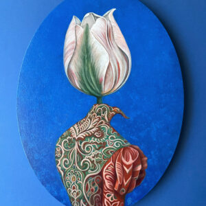 Pale tulip above an ornate vase with a red rose on oval blue canvas by Ganna Alyousif.