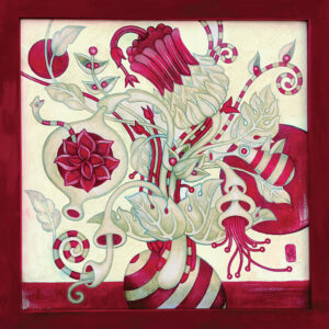 Red flowers, pale branches and curling botanical motifs in Red Forest by Marina Vorontsova.