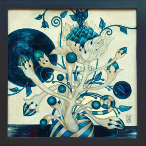 Blue floral shapes and pale branching forms in Blue Forest by Marina Vorontsova.