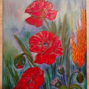 Red poppies and golden grain against a grey-blue background in Wild Poppies by Raisa Rehuretska.