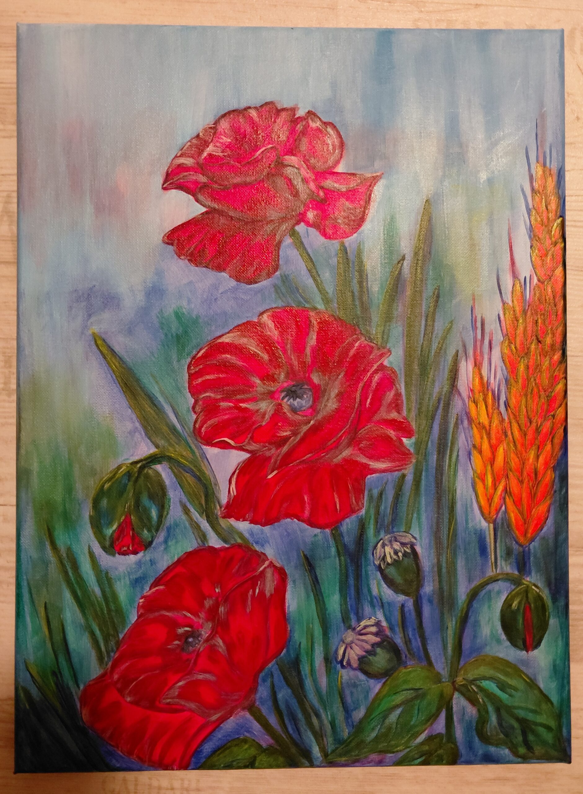 Red poppies and golden grain against a grey-blue background in Wild Poppies by Raisa Rehuretska.