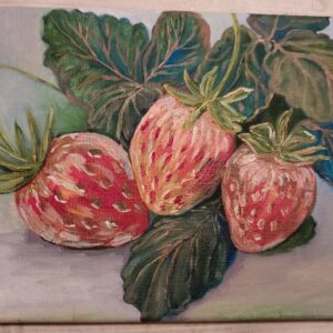 Ripe strawberries with green leaves on a pale surface in Mom's Strawberries by Raisa Rehuretska.
