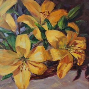 Open yellow lilies against dark green foliage in In the Sunshine by Inna Zolkina.
