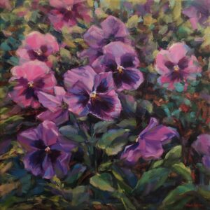 Purple and pink pansies among green leaves in an oil painting by Inna Zolkina.