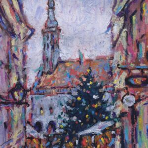 Christmas tree and Tallinn Town Hall in a snowy square in an oil pastel by Yael Natali Sonkin.