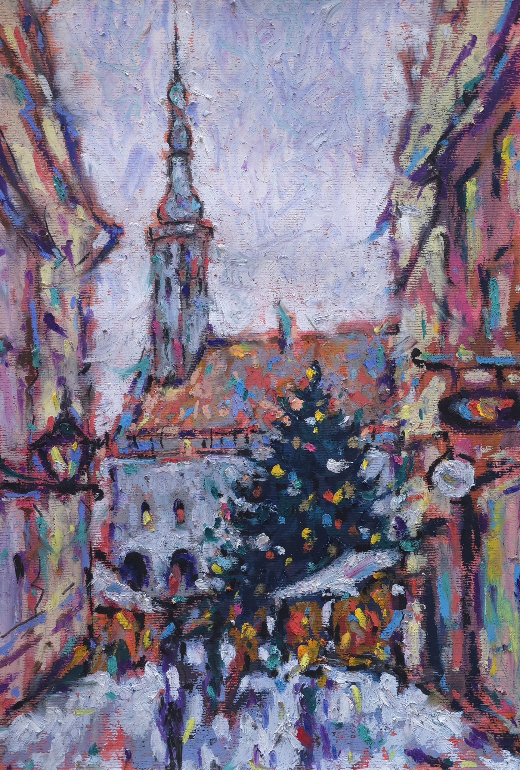 Christmas tree and Tallinn Town Hall in a snowy square in an oil pastel by Yael Natali Sonkin.