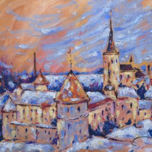 Snowy rooftops and church towers of Tallinn's old town in Old Tallinn in Winter by Yael Natali Sonkin.