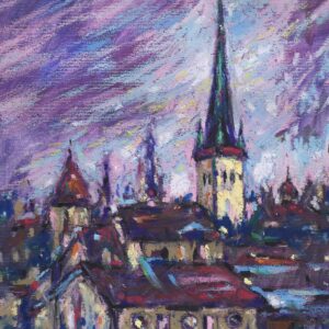 Tallinn rooftops and a tall church spire beneath a violet evening sky in an oil pastel by Yael Natali Sonkin.