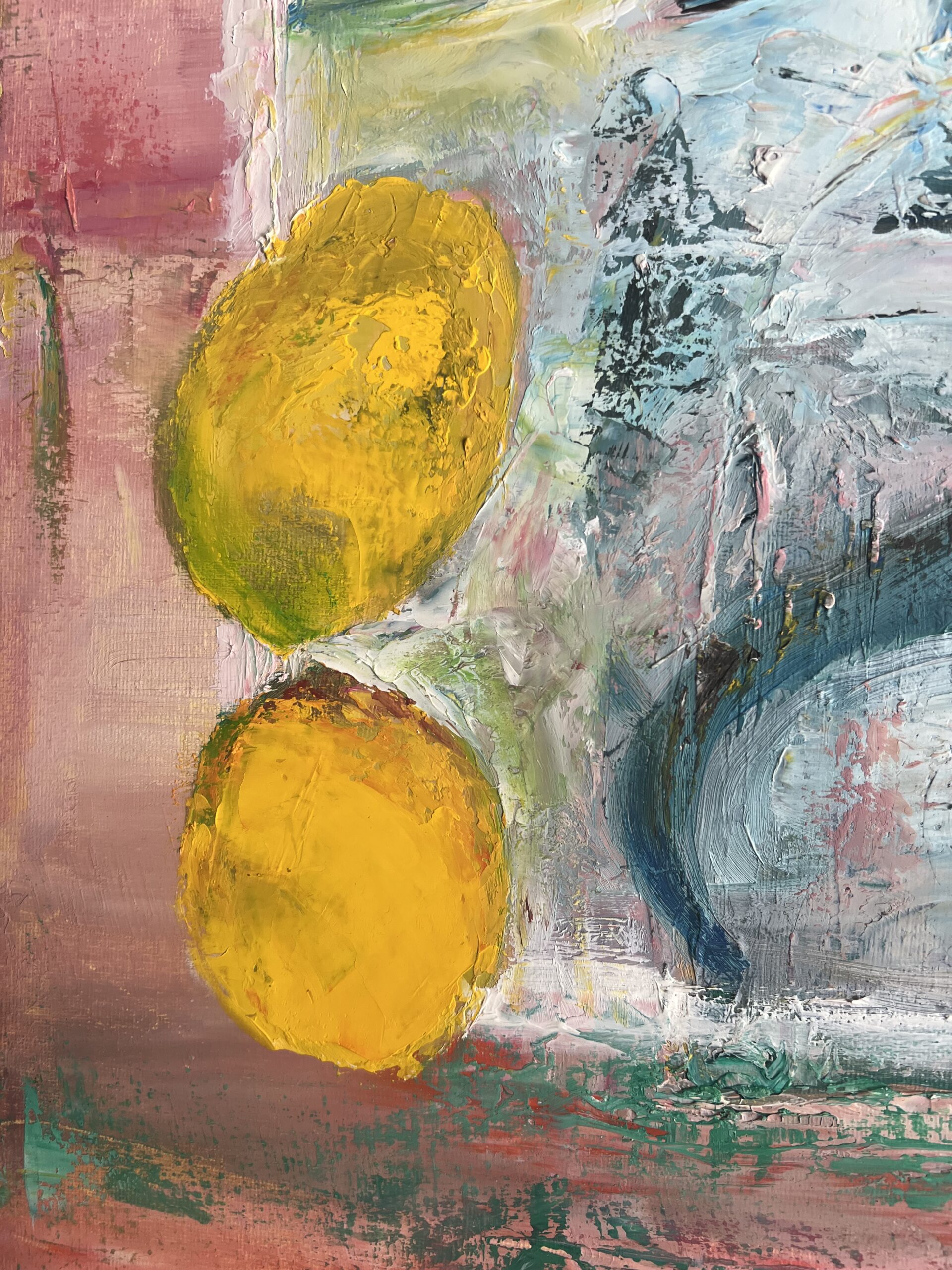 Close-up of the yellow lemon shapes and textured brushwork in Lemon Sharks by Aksana Selivonets.