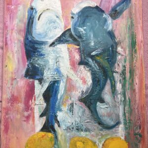 Two loosely painted figures above yellow lemons on a pink ground in Lemon Sharks by Aksana Selivonets.