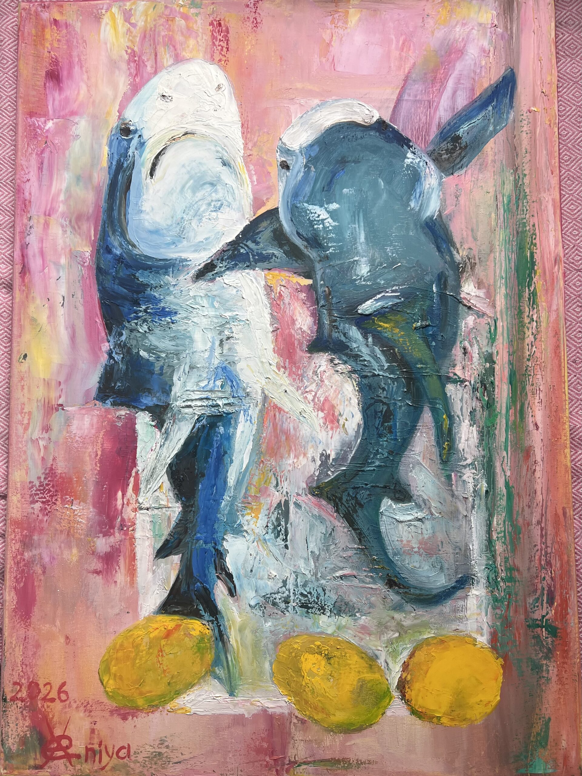 Two loosely painted figures above yellow lemons on a pink ground in Lemon Sharks by Aksana Selivonets.