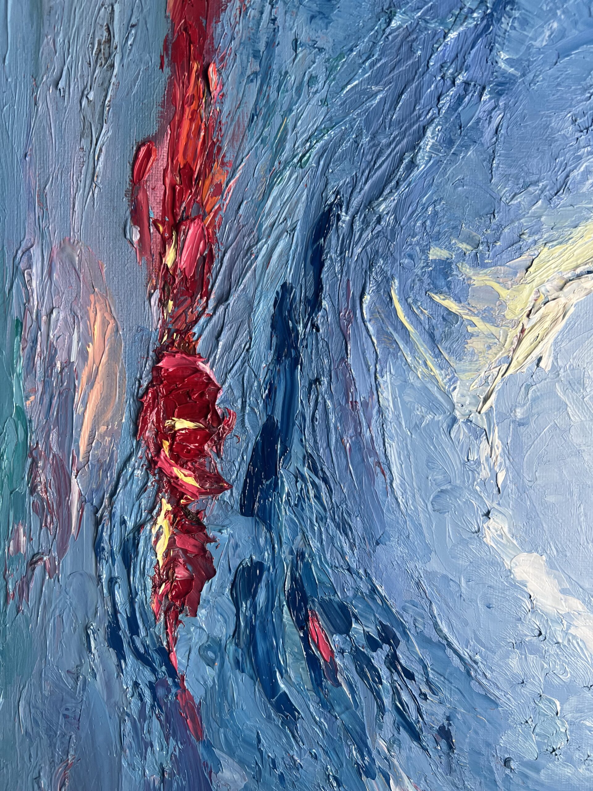 Close-up of the thick textured brushwork in blue and white in Sun by Aksana Selivonets.