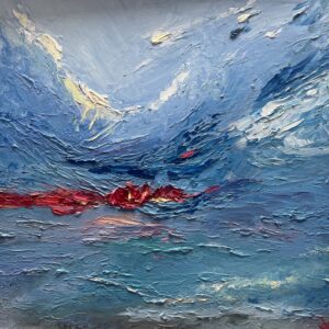 Red horizontal band across a textured blue and white abstract oil painting, Sun by Aksana Selivonets.