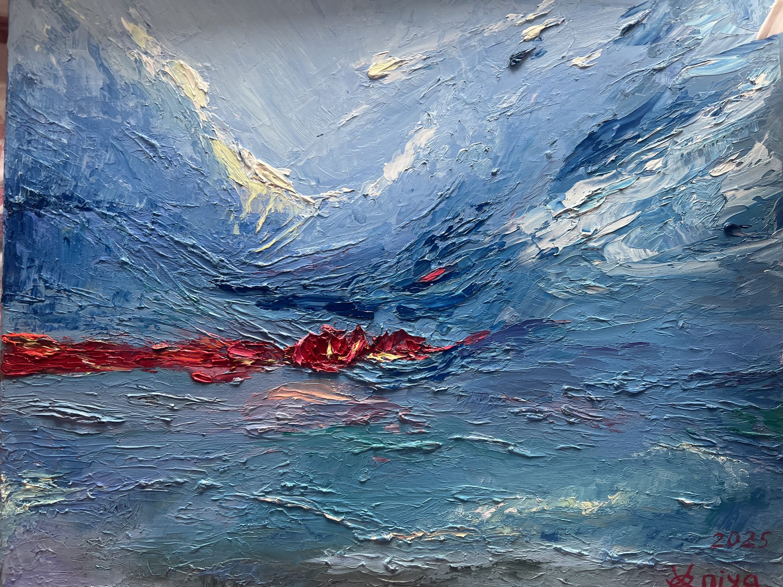 Red horizontal band across a textured blue and white abstract oil painting, Sun by Aksana Selivonets.