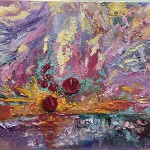 Red berry-like forms in a textured pink, lavender and yellow oil composition by Aksana Selivonets.