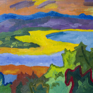 Stylised yellow shoreline, blue water and green land beneath an orange sky in Beach View by Anna Rubina.