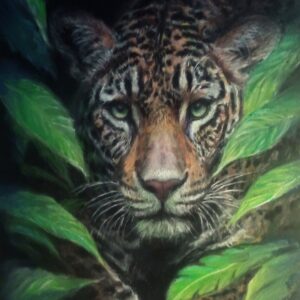 Spotted big cat looking out from green foliage in Leo by Marina Solovjova.