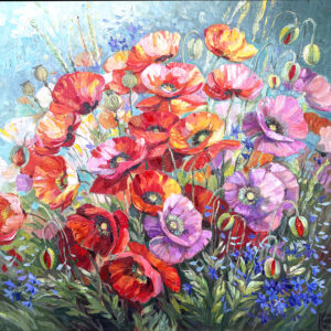 Red and pink poppies with green stems against pale blue in Poppies by Yana Barantsava.