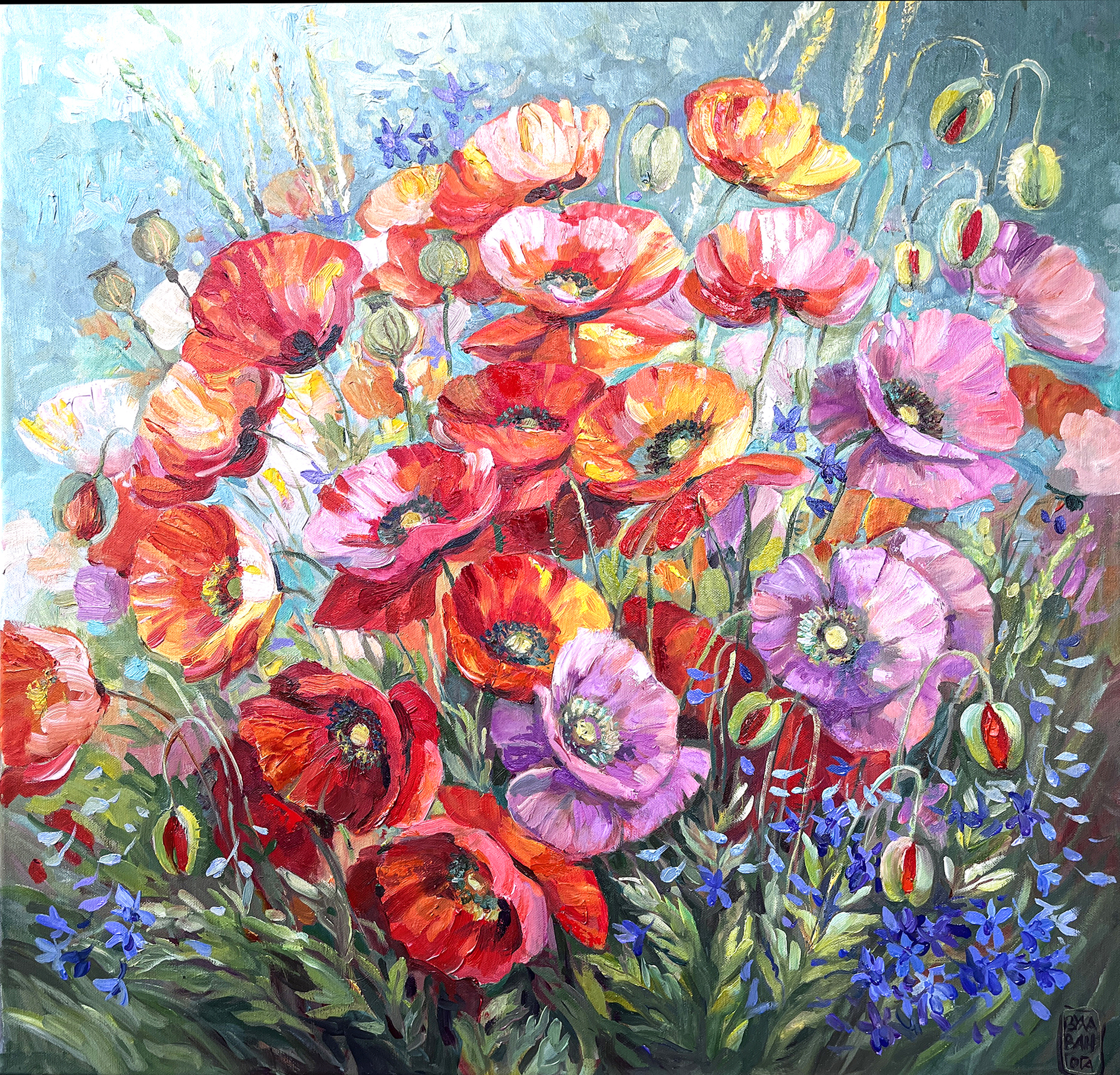 Red and pink poppies with green stems against pale blue in Poppies by Yana Barantsava.