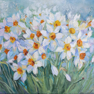 White daffodils with yellow and orange centres against blue-green in Daffodils by Yana Barantsava.